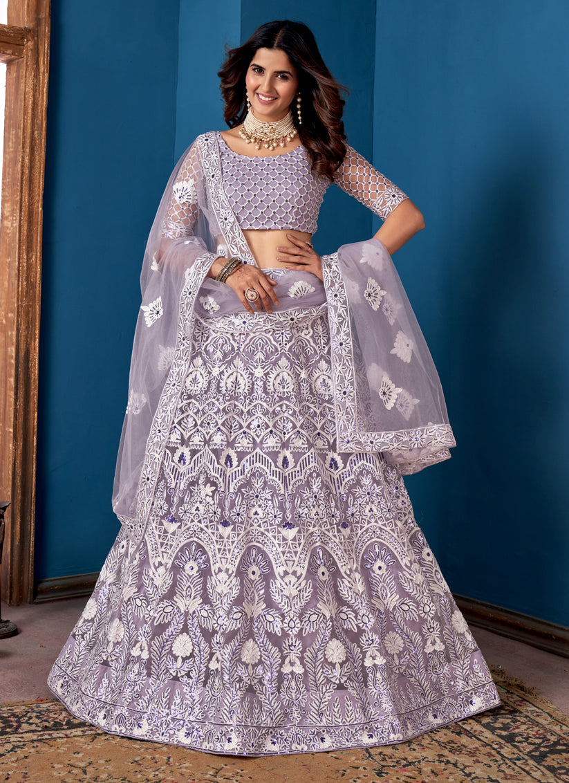 Lavender Net Embroidered  Wedding Wear Lehenga Choli