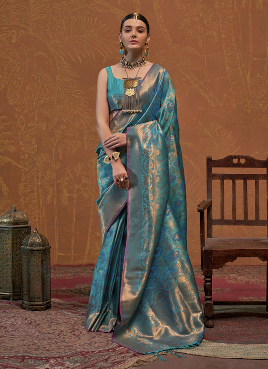 Peacock Blue Silk Handloom Weaving Saree For Festival