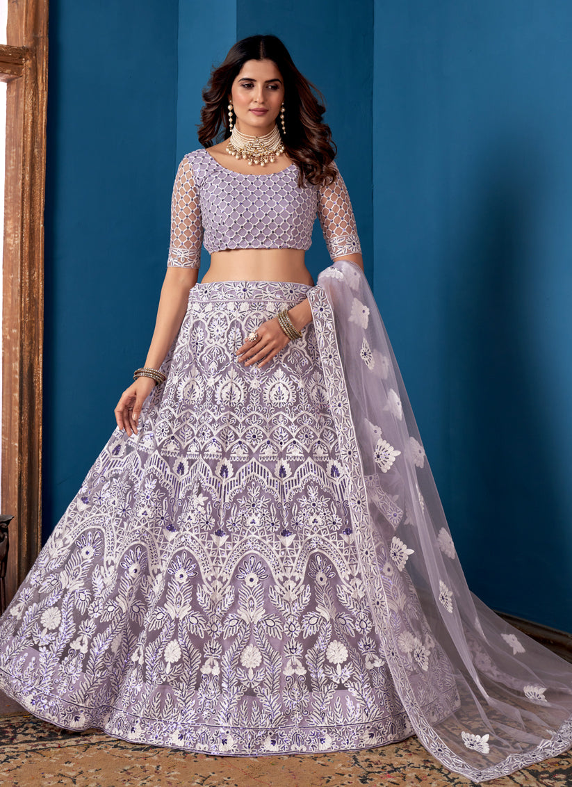 Lavender Net Embroidered  Wedding Wear Lehenga Choli