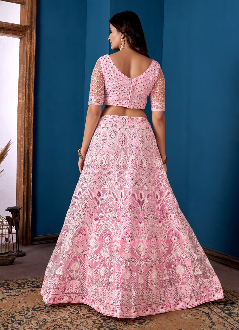 Rose Pink Net Embroidered  Wedding Wear Lehenga Choli