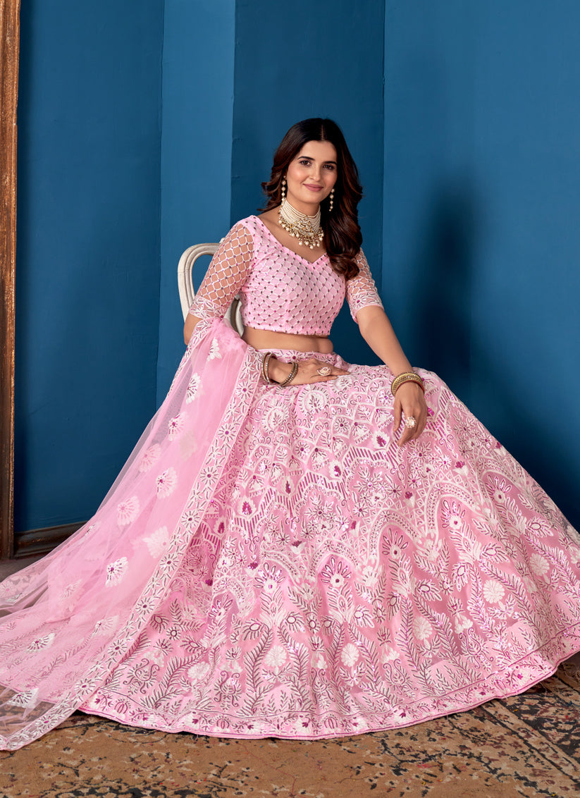 Rose Pink Net Embroidered  Wedding Wear Lehenga Choli