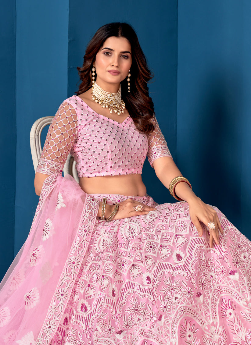 Rose Pink Net Embroidered  Wedding Wear Lehenga Choli