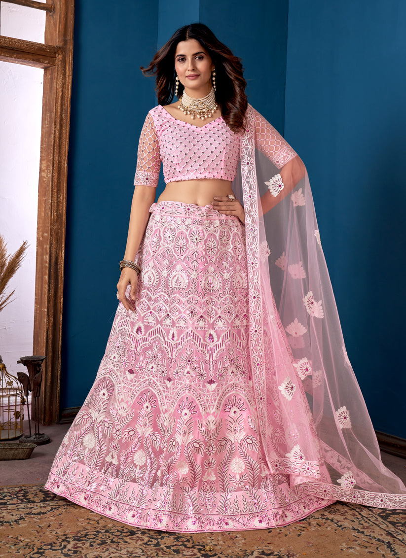 Rose Pink Net Embroidered  Wedding Wear Lehenga Choli