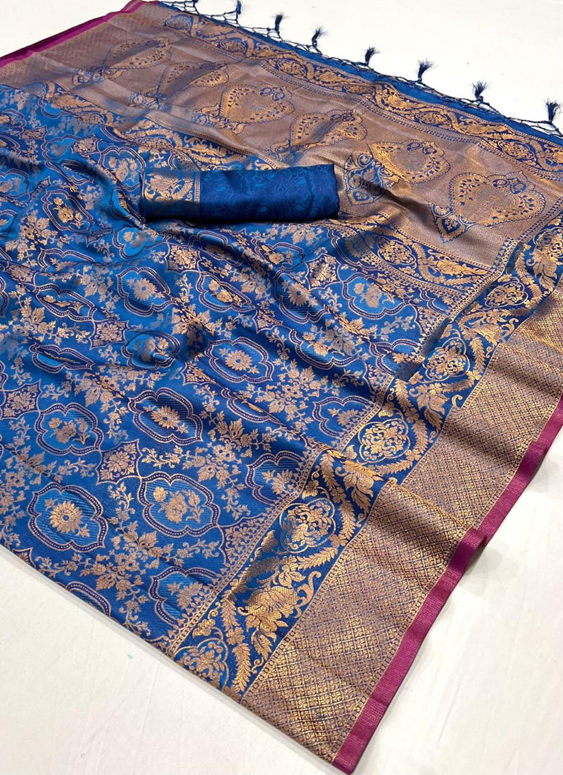 Royal Blue Silk Handloom Weaving Saree For Festival