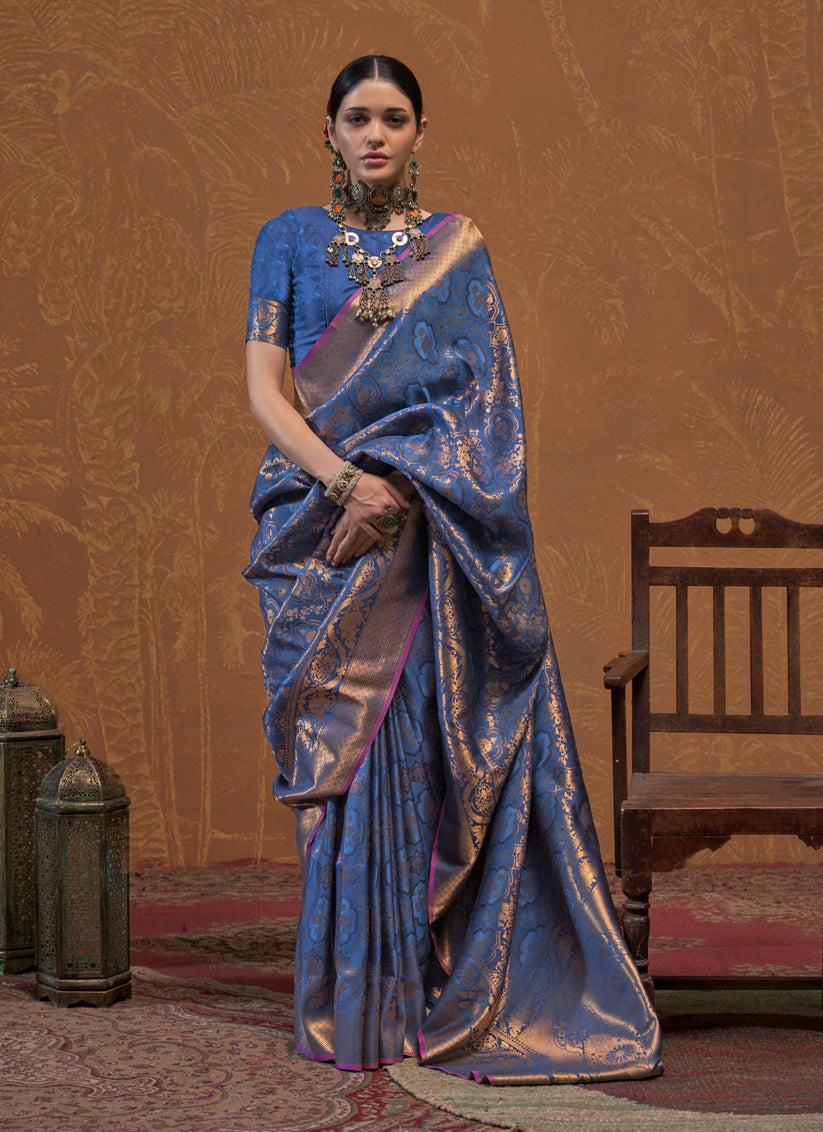 Royal Blue Silk Handloom Weaving Saree For Festival