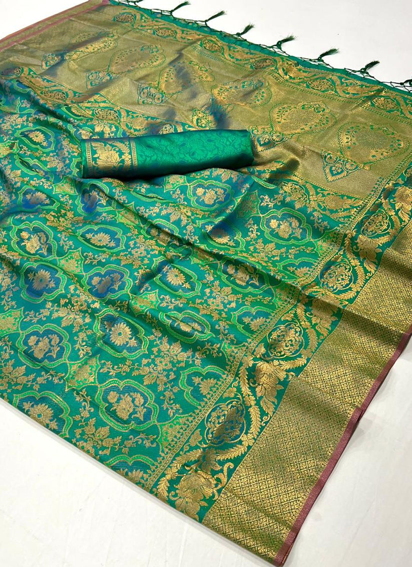 Rama Green Silk Handloom Weaving Saree For Festival