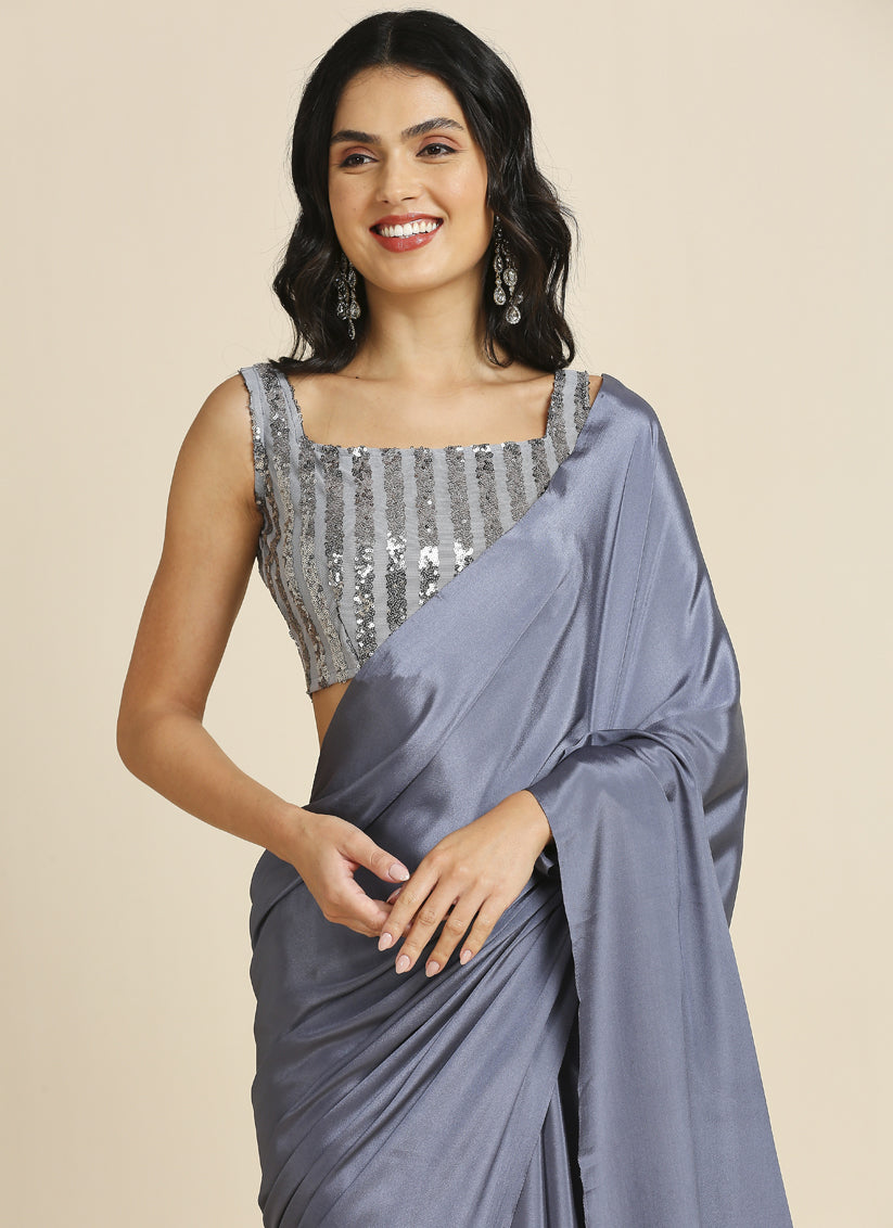 Mercury Grey Soft Silk Saree with Embroidered Blouse