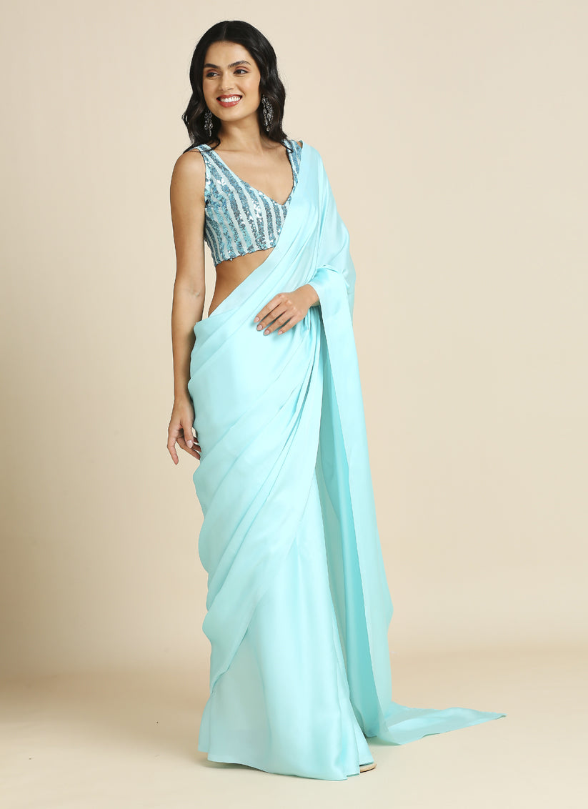 Ice Blue Soft Silk Saree with Embroidered Blouse