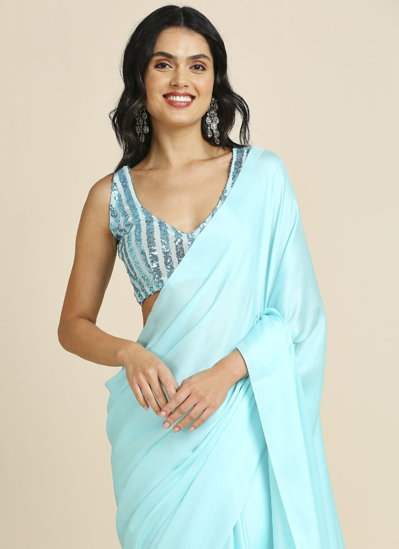 Ice Blue Soft Silk Saree with Embroidered Blouse