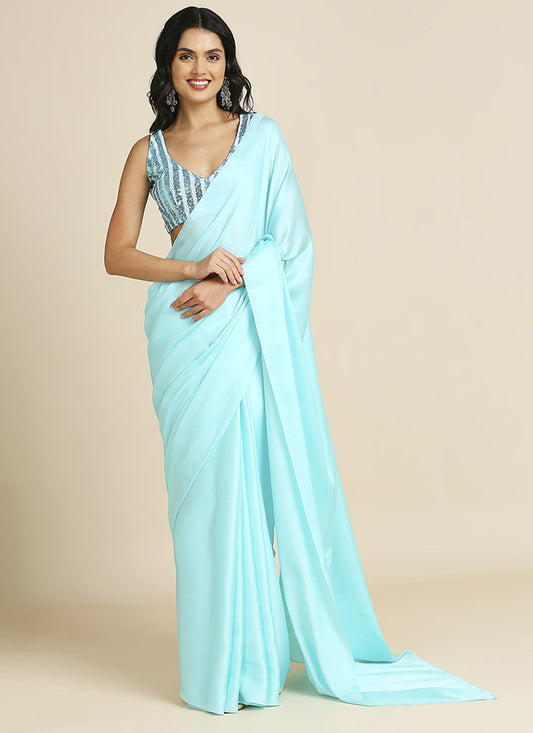 Ice Blue Soft Silk Saree with Embroidered Blouse