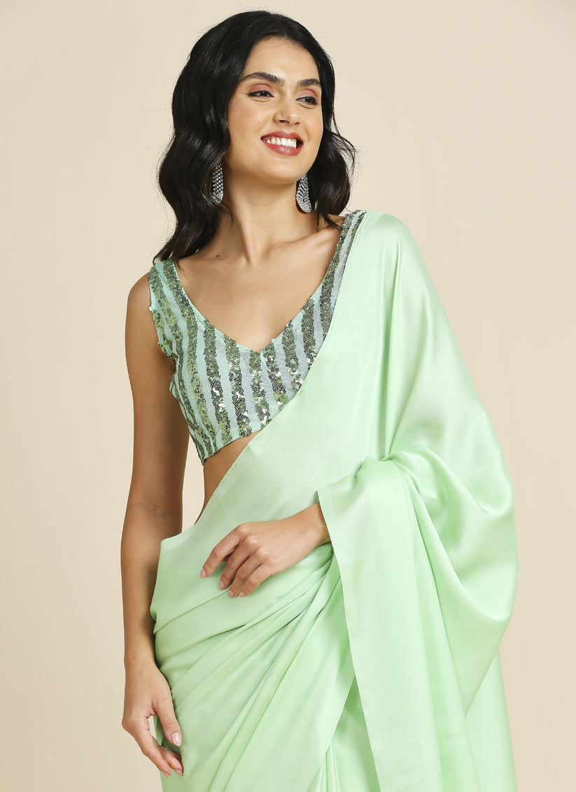 Pastel Green Soft Silk Saree with Embroidered Blouse