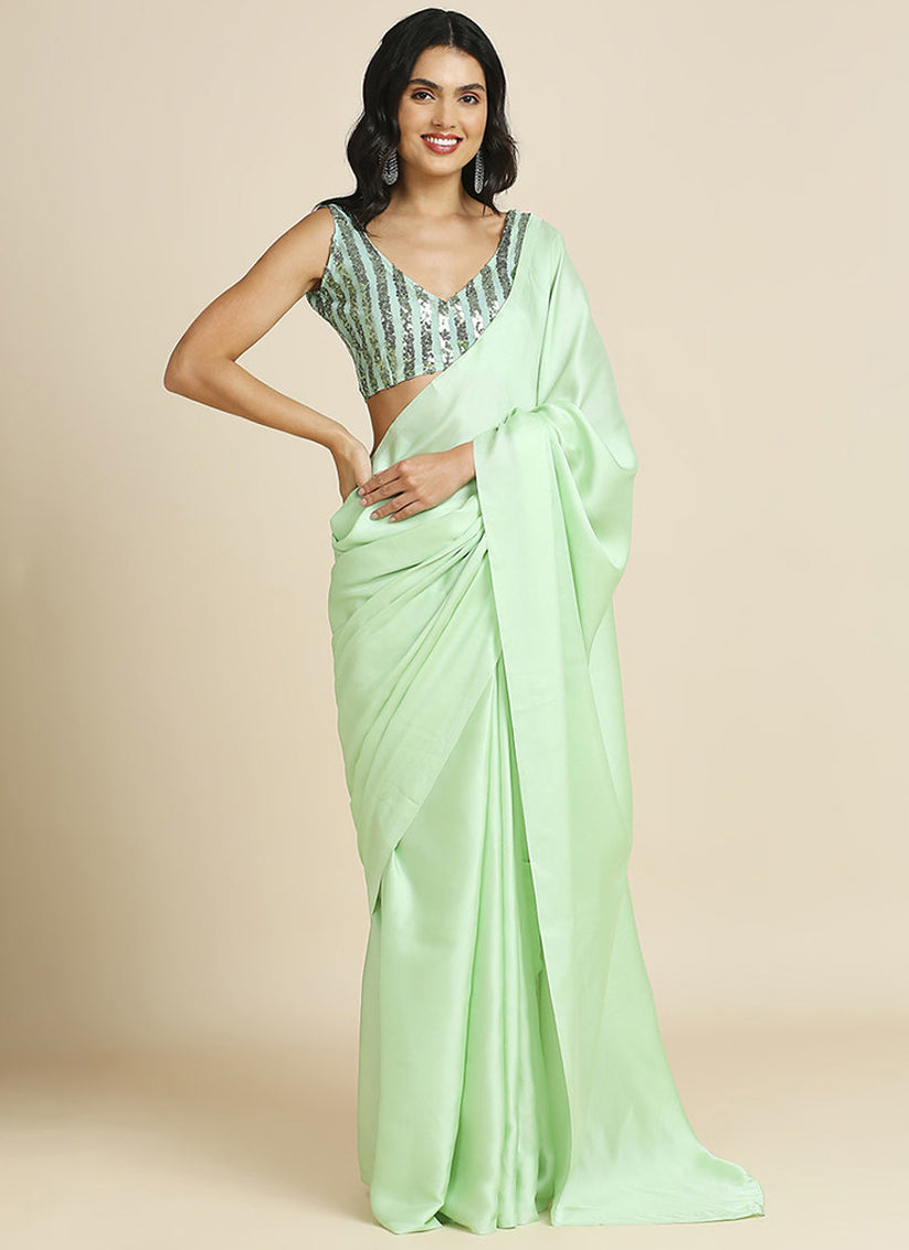 Pastel Green Soft Silk Saree with Embroidered Blouse