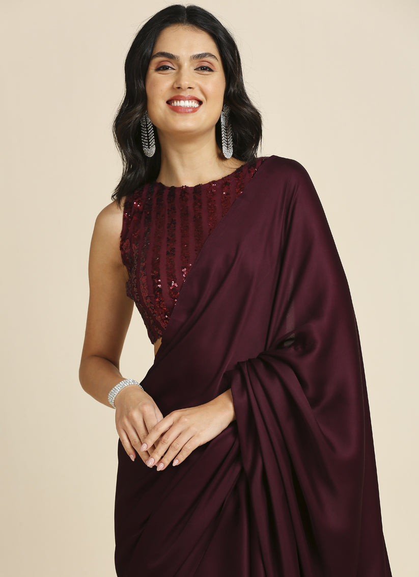 Garnet Maroon Soft Silk Saree with Embroidered Blouse