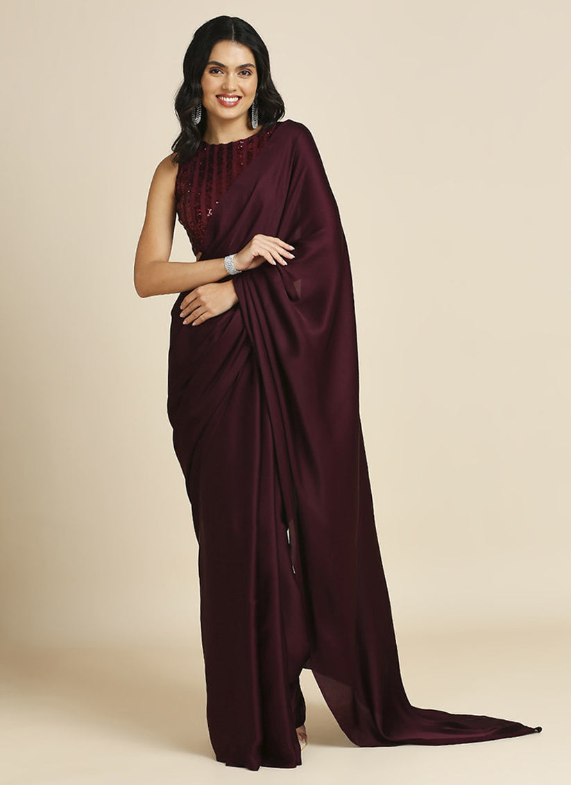 Garnet Maroon Soft Silk Saree with Embroidered Blouse