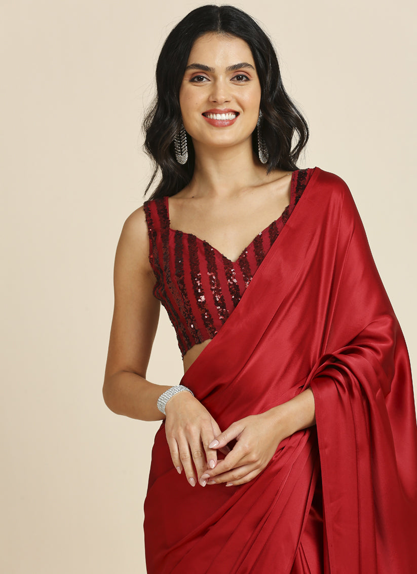 Crimson Red Soft Silk Saree with Embroidered Blouse