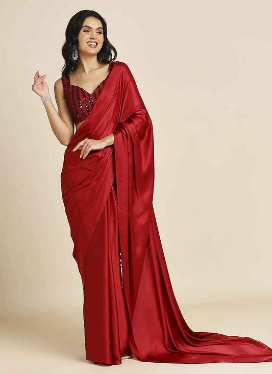 Crimson Red Soft Silk Saree with Embroidered Blouse