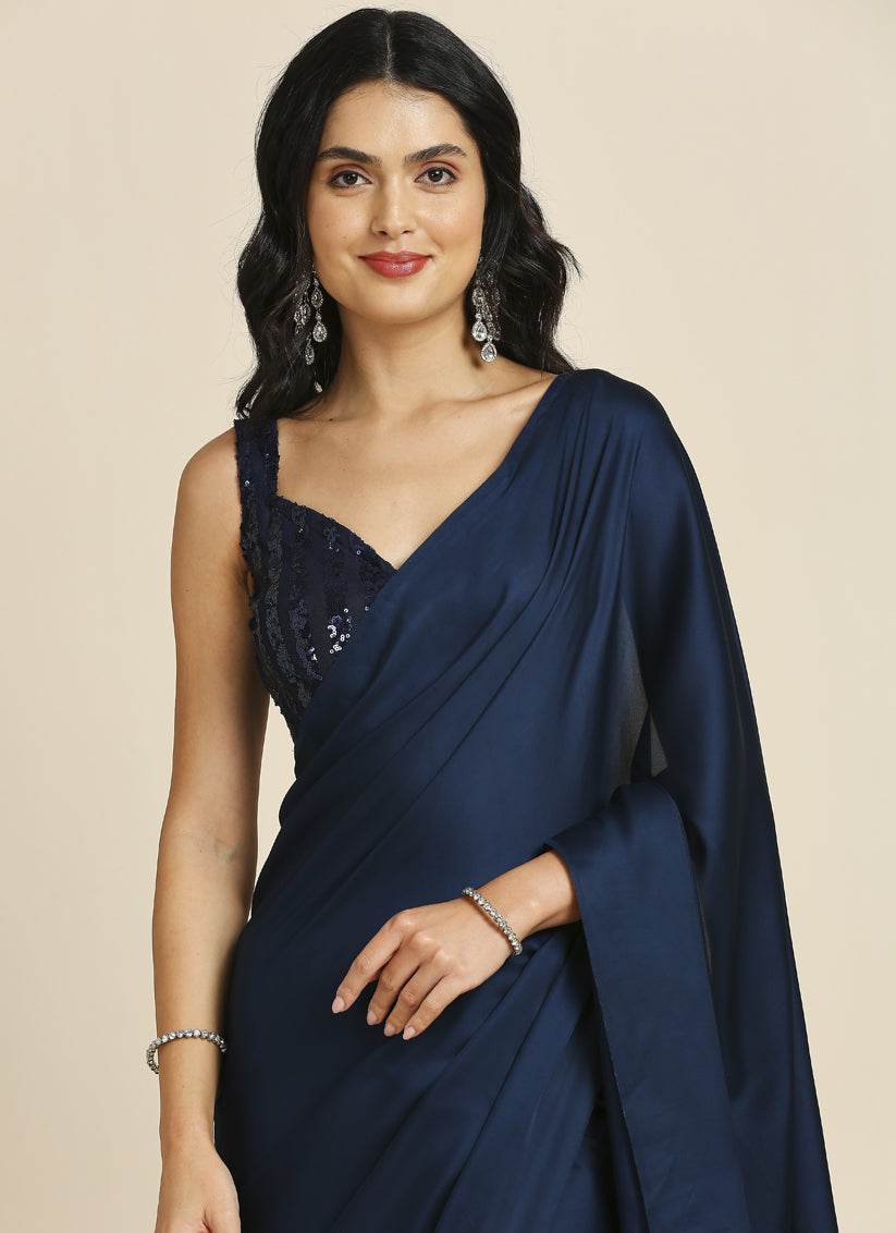 Midnight Blue Soft Silk Saree with Embroidered Blouse