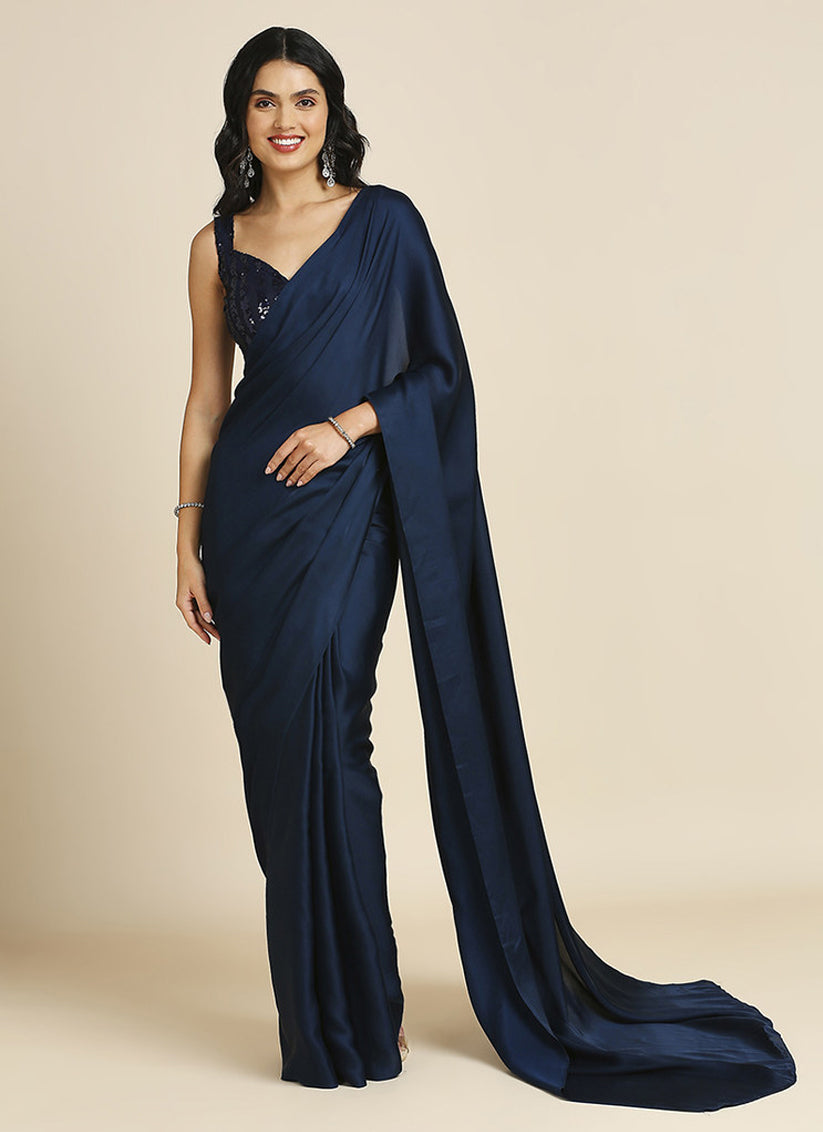 Midnight Blue Soft Silk Saree with Embroidered Blouse