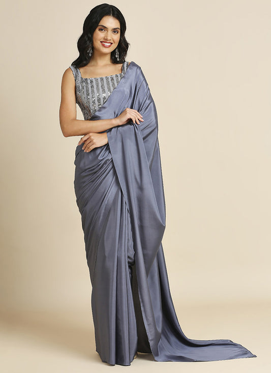 Mercury Grey Soft Silk Saree with Embroidered Blouse