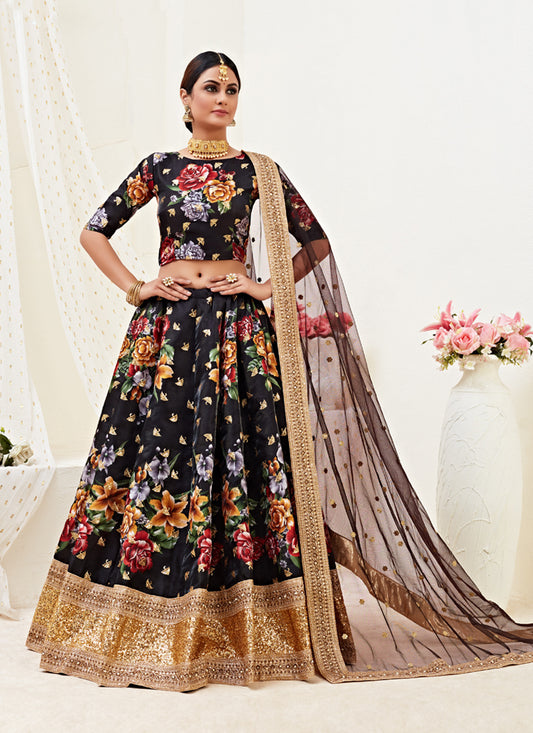 Black Satin Embroidered Designer Lehenga Choli