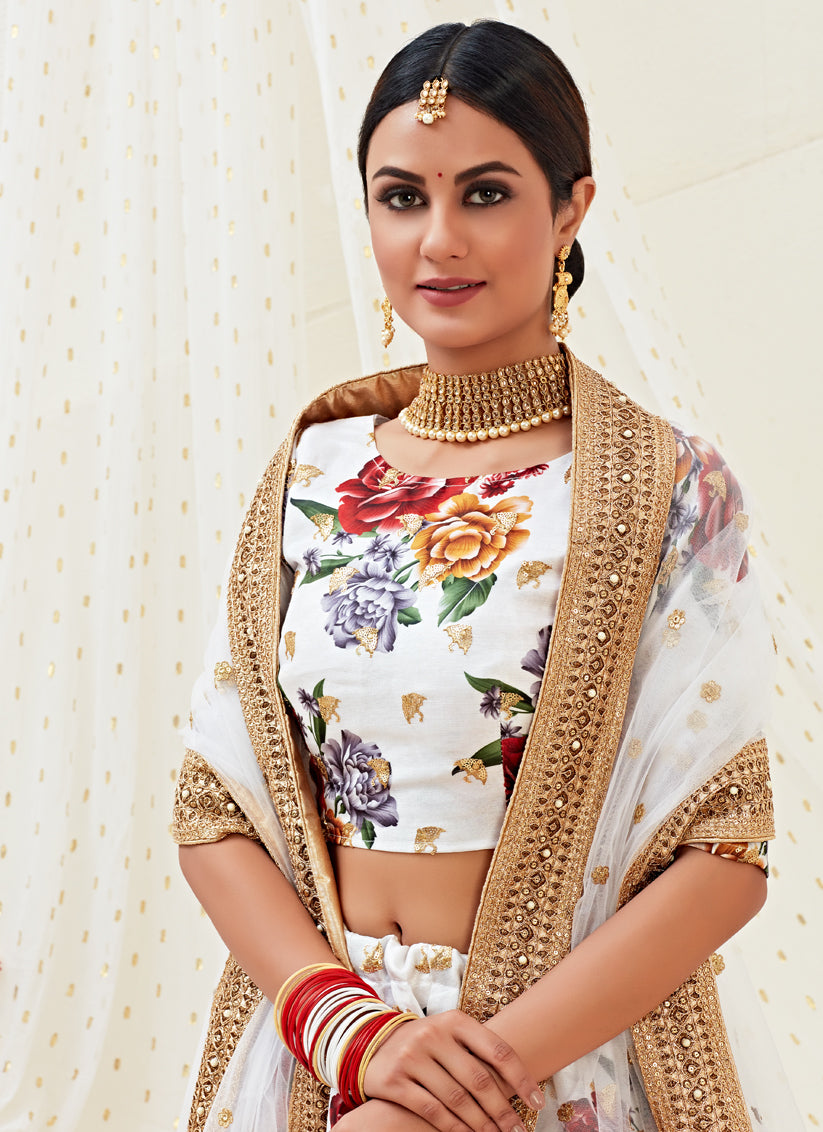 White Satin Embroidered Designer Lehenga Choli