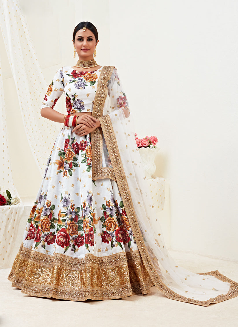 White Satin Embroidered Designer Lehenga Choli