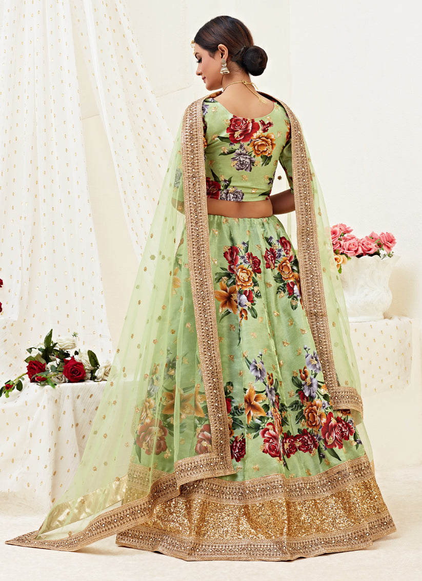 Pistachio Green Satin Embroidered Designer Lehenga Choli