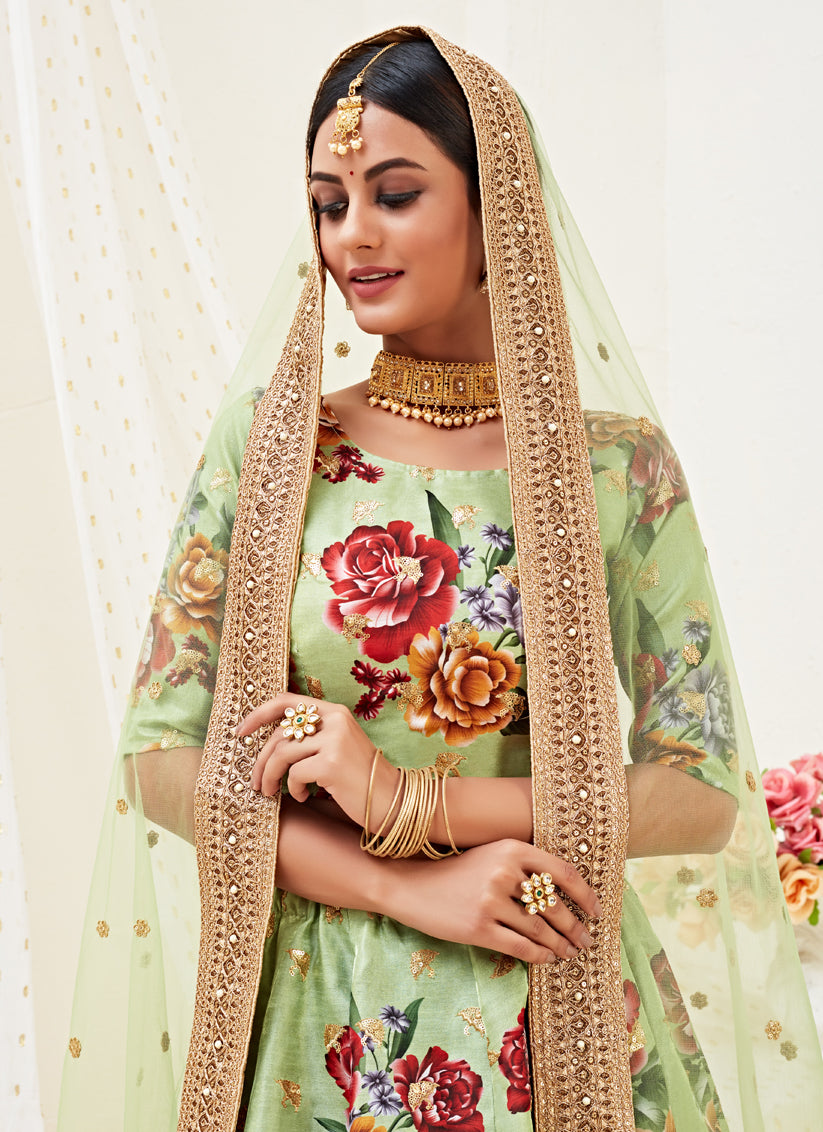 Pistachio Green Satin Embroidered Designer Lehenga Choli