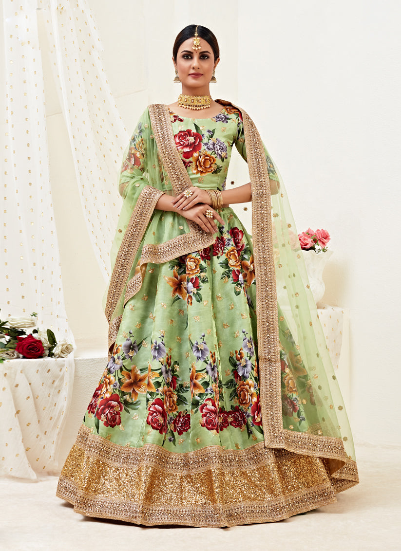 Pistachio Green Satin Embroidered Designer Lehenga Choli