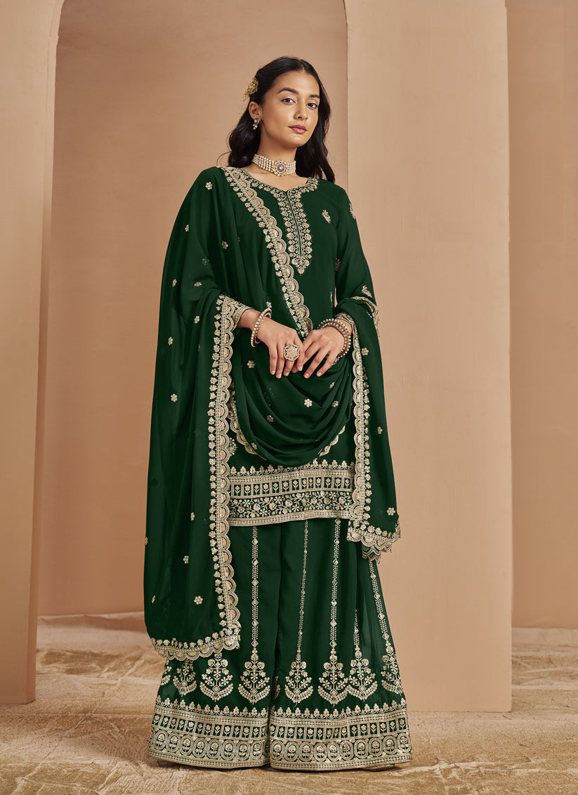 Bottle Green Faux Georgette & Embroidered Palazzo Kameez