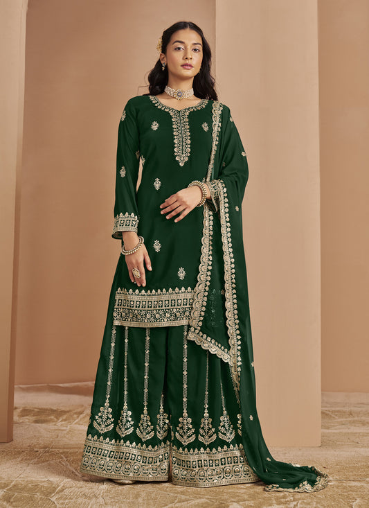Bottle Green Faux Georgette & Embroidered Palazzo Kameez