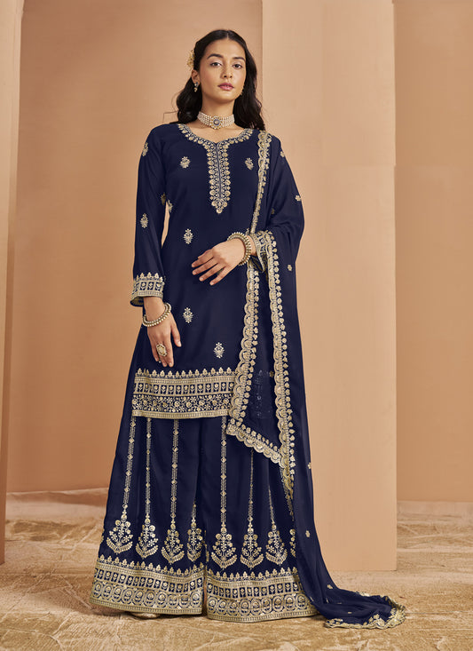 Navy Blue Faux Georgette & Embroidered Palazzo Kameez