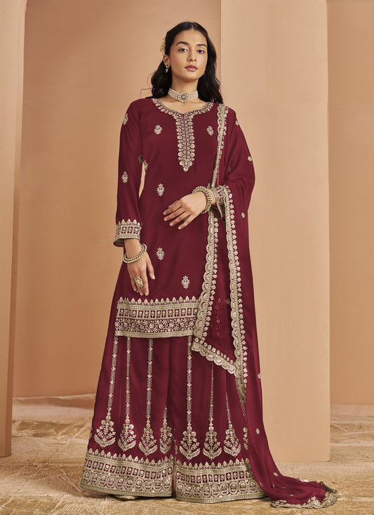 Maroon Faux Georgette & Embroidered Palazzo Kameez