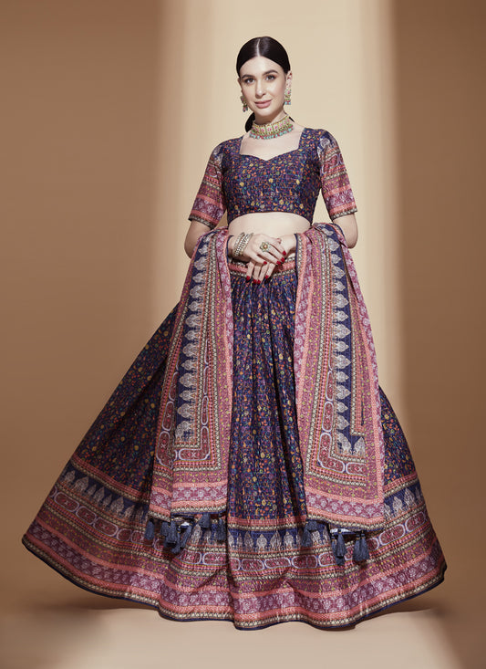 Midnight Blue Chinnon Embellished Designer Lehenga Choli