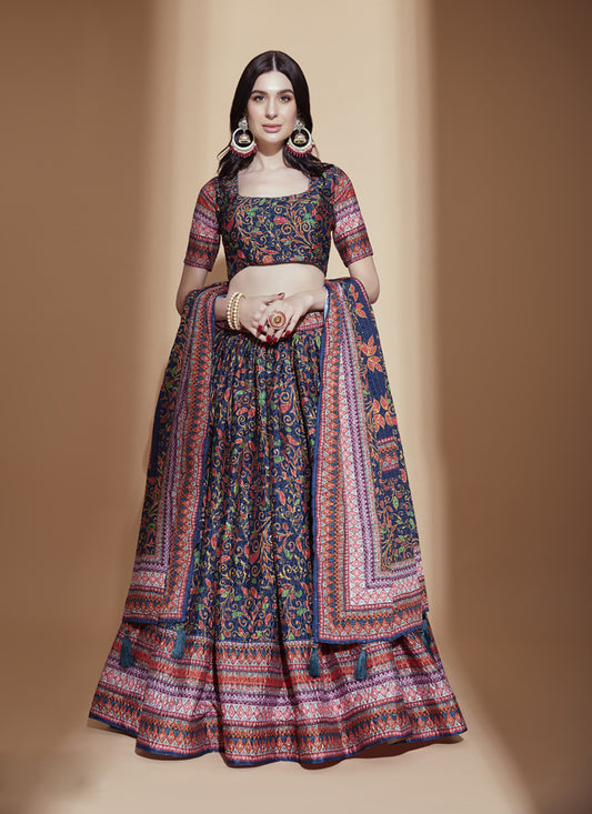 Navy Blue Chinnon Embellished Designer Lehenga Choli