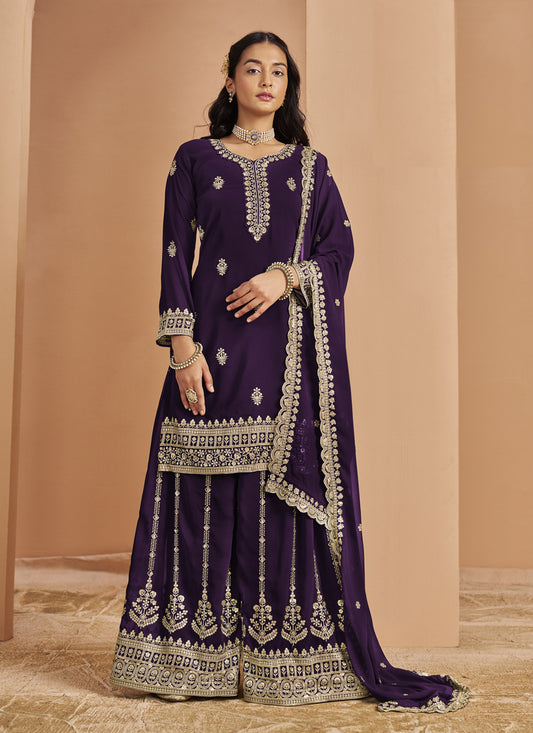 Dark Purple Faux Georgette & Embroidered Palazzo Kameez