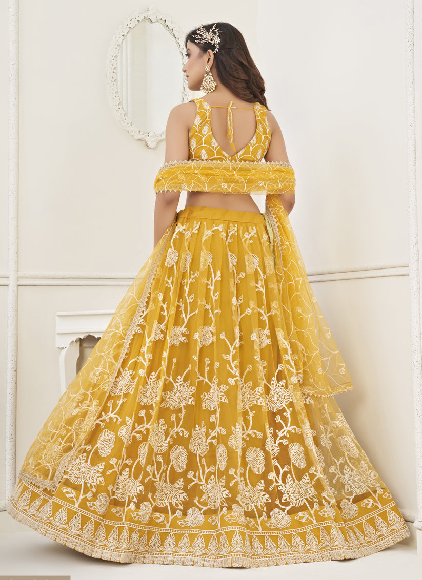 Mustard Yellow Net Embroidered Lehenga Choli