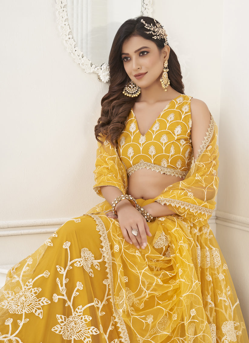 Mustard Yellow Net Embroidered Lehenga Choli