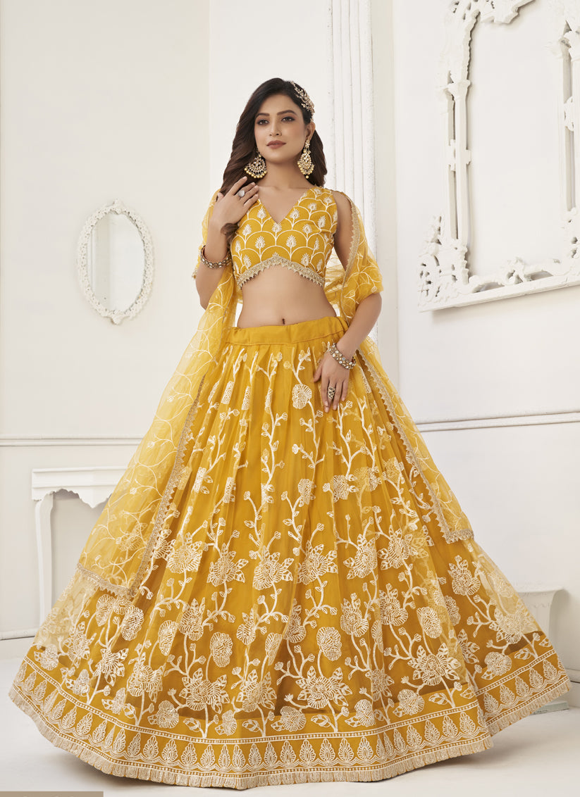 Mustard Yellow Net Embroidered Lehenga Choli