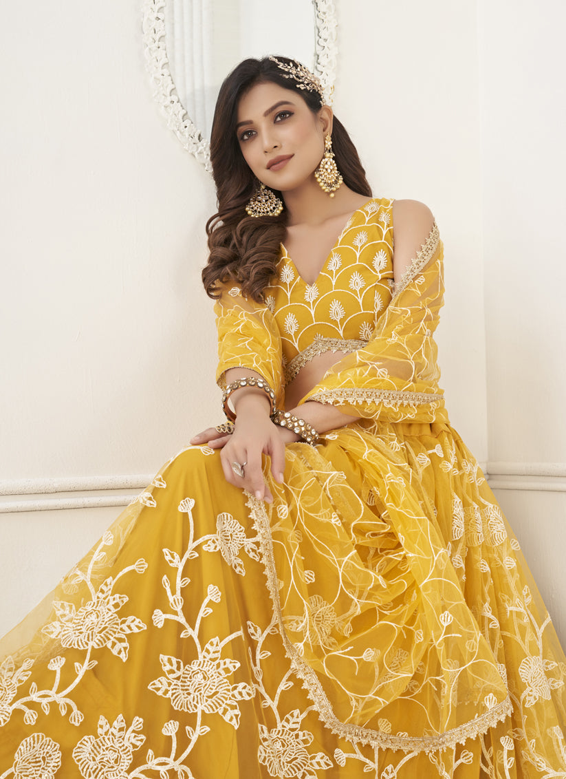 Mustard Yellow Net Embroidered Lehenga Choli