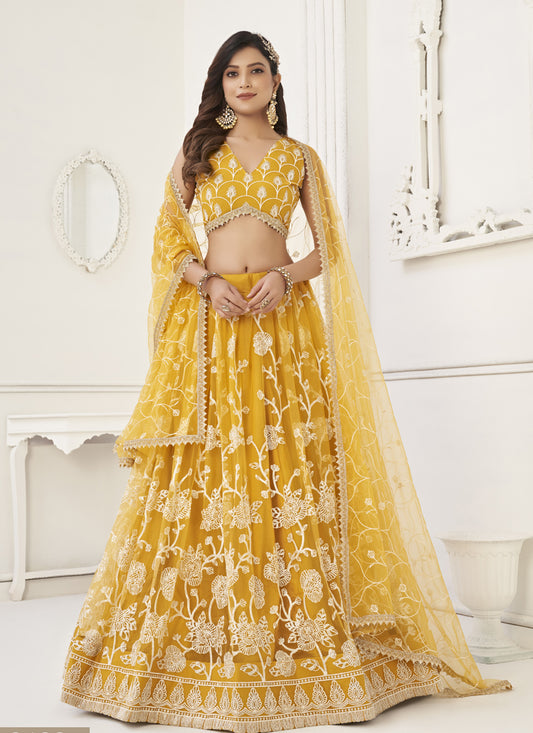 Mustard Yellow Net Embroidered Lehenga Choli