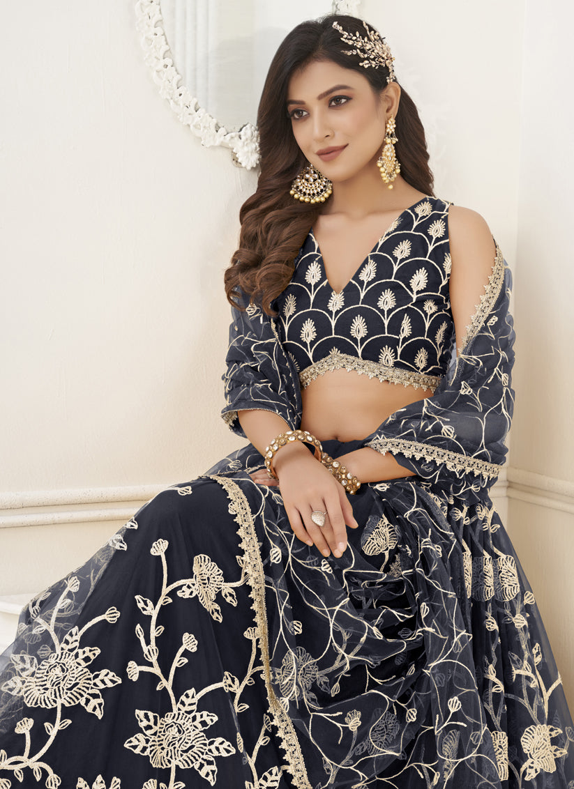 Black Net Embroidered Lehenga Choli