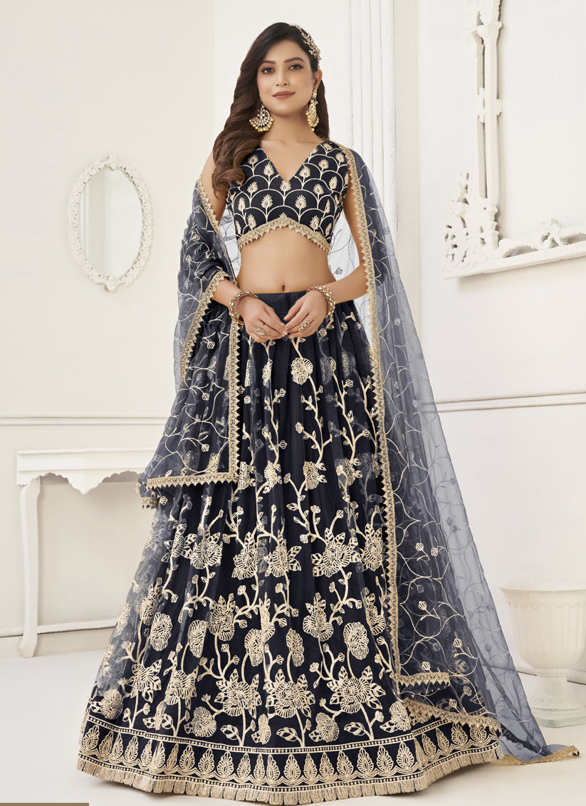 Black Net Embroidered Lehenga Choli