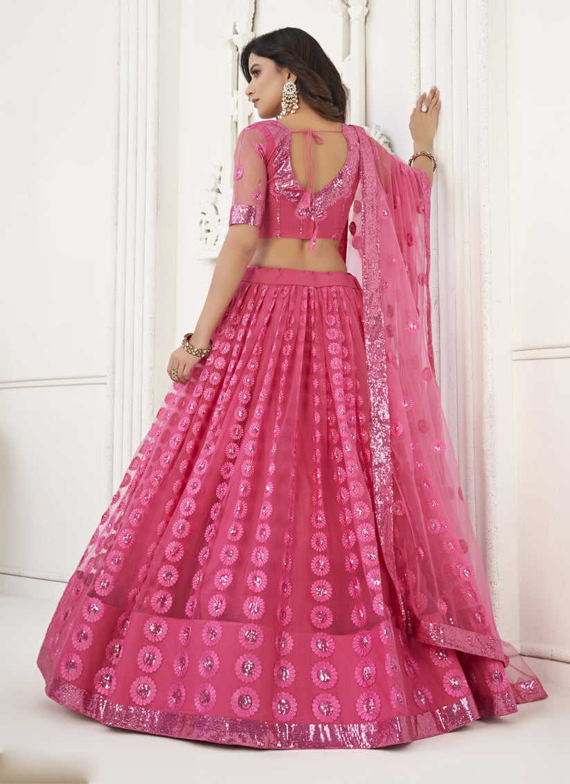 Punch Pink Butterfly Net Designer Lehenga Choli Set