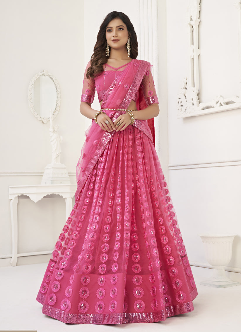 Punch Pink Butterfly Net Designer Lehenga Choli Set