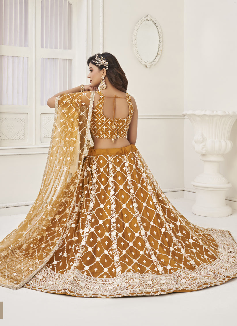 Mustard Yellow Butterfly Net Designer Lehenga Choli Set