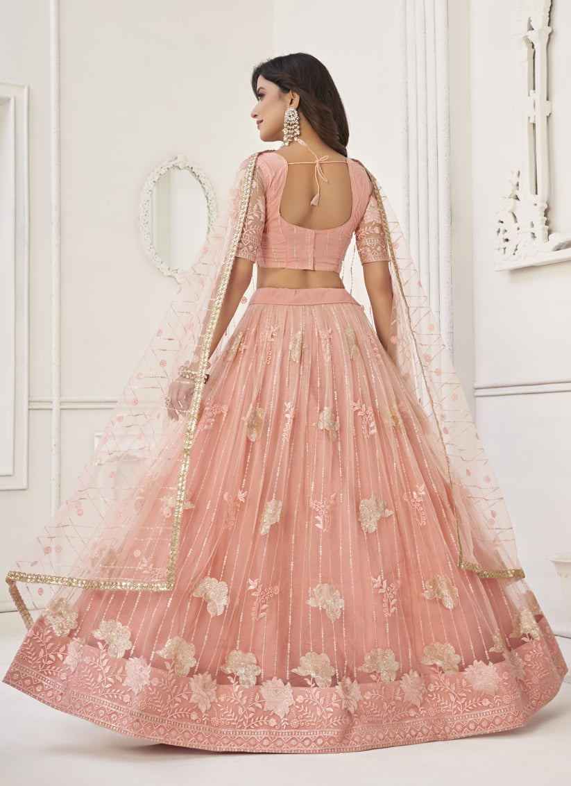 Peach Butterfly Net Designer Lehenga Choli Set