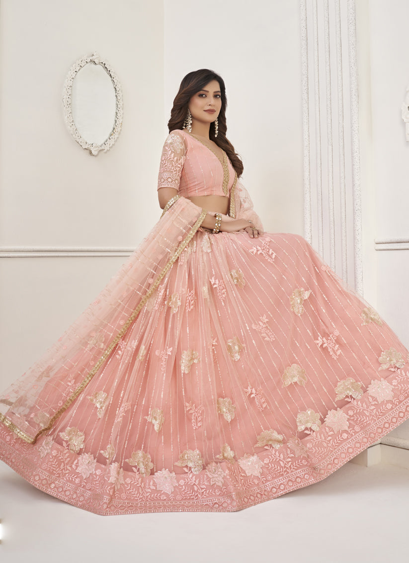 Peach Butterfly Net Designer Lehenga Choli Set