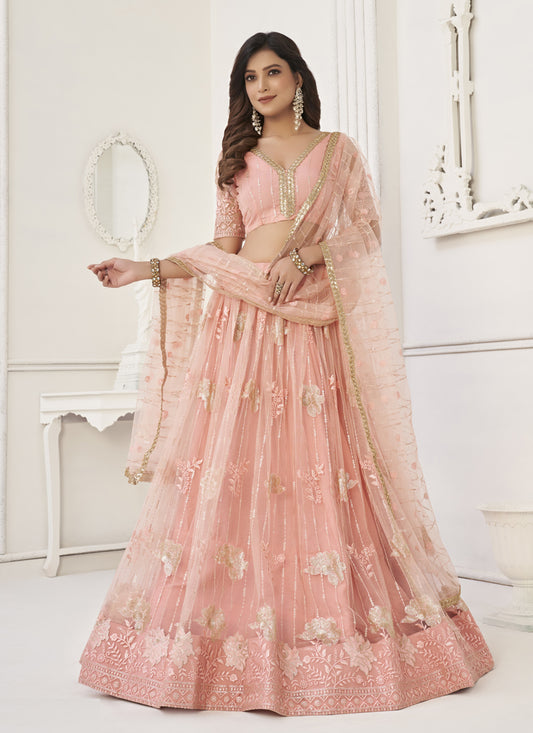 Peach Butterfly Net Designer Lehenga Choli Set