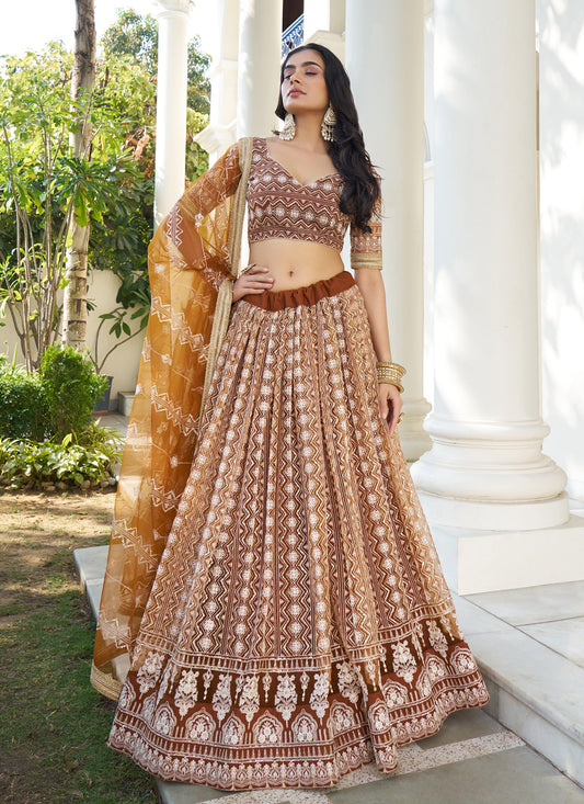 Snuff Brown Net Embroidered Lehenga Choli Set